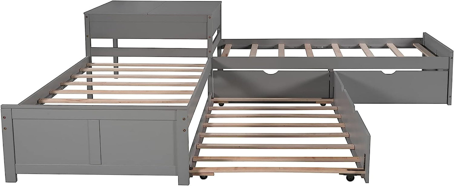 L Shaped Twin Platform Bed With Trundle Gray Finish