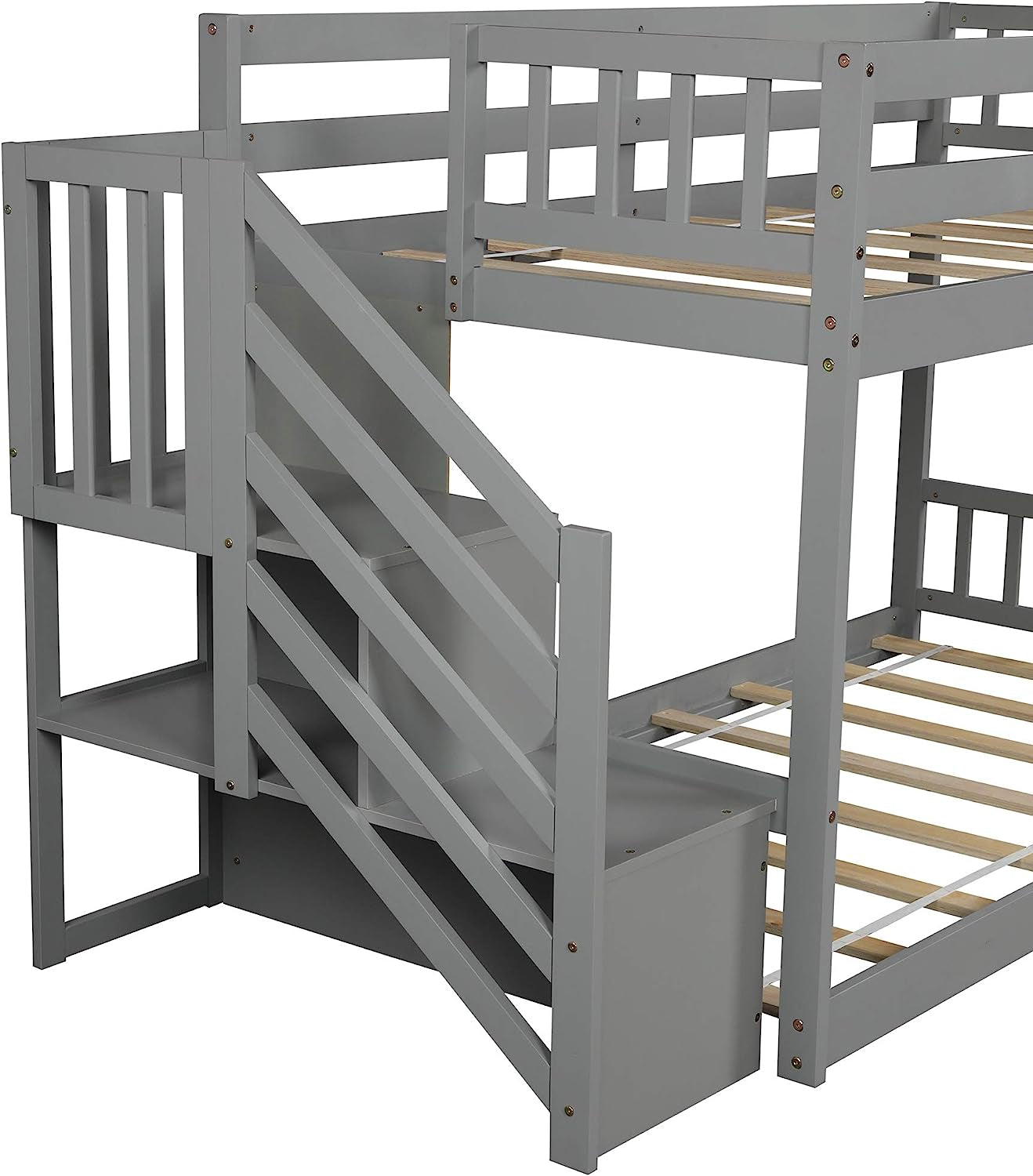 Twin Over Twin Low Bunk Bed With Storage Stairs Grey Wood