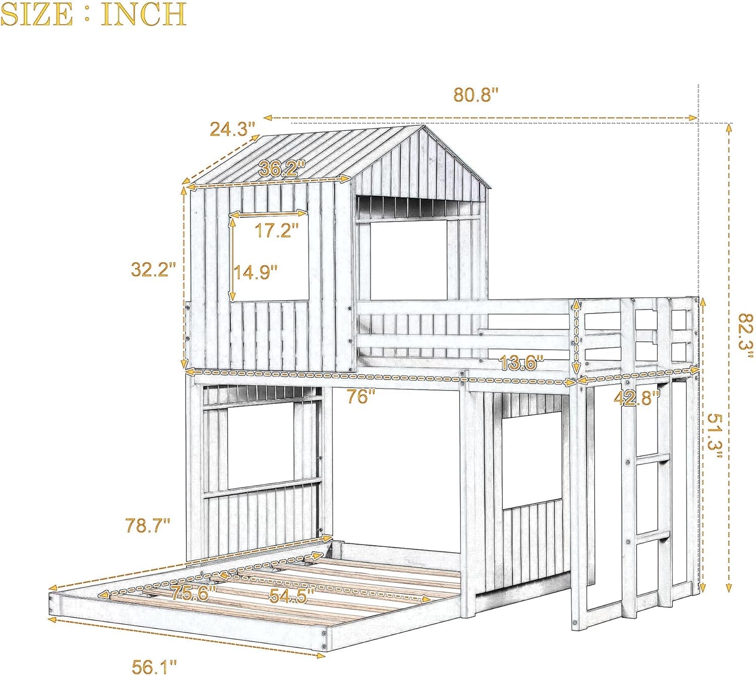 White Twin Over Full Low Profile Playhouse Bunk Bed