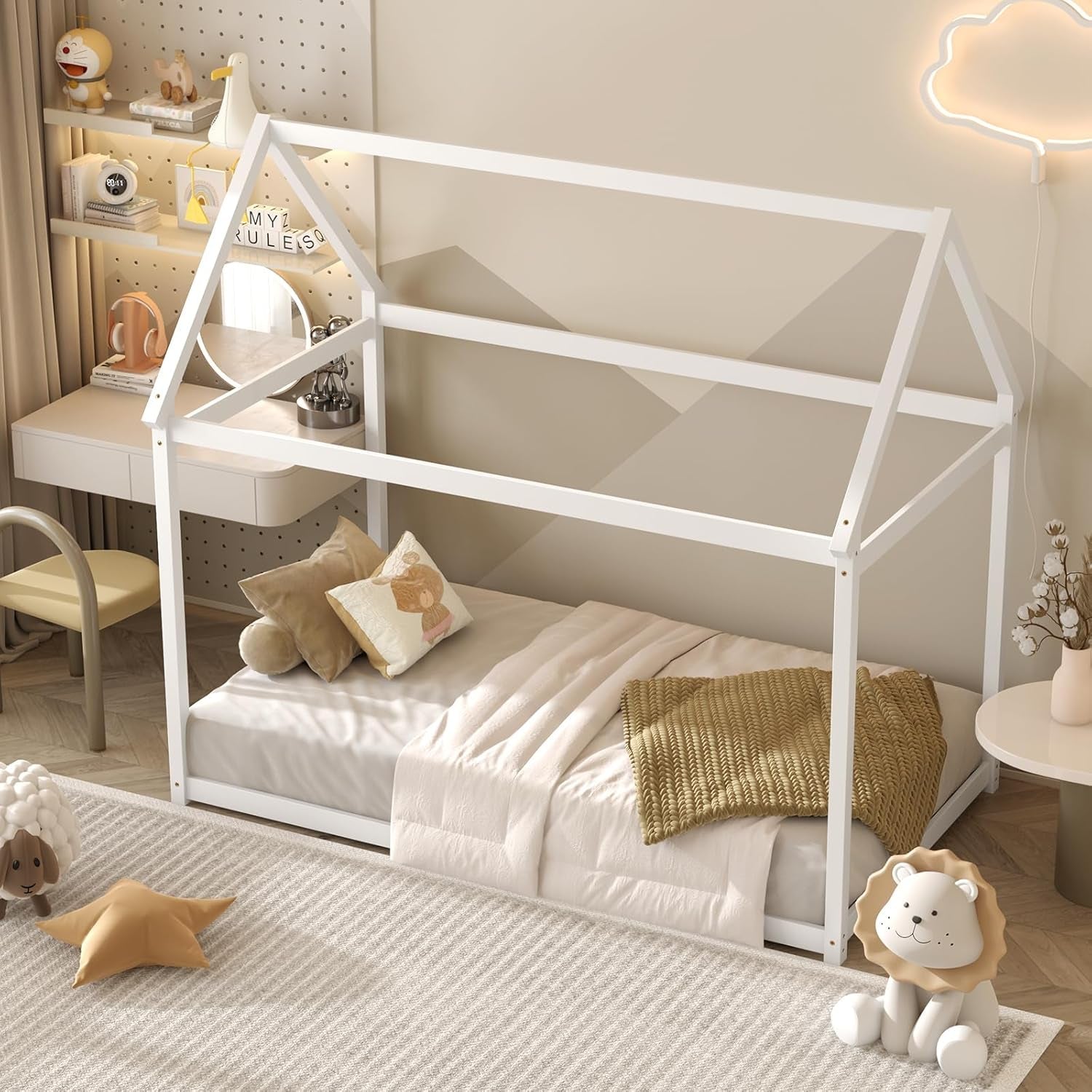 Twin House Bed Frame With Roof Canopy Montessori For Kids