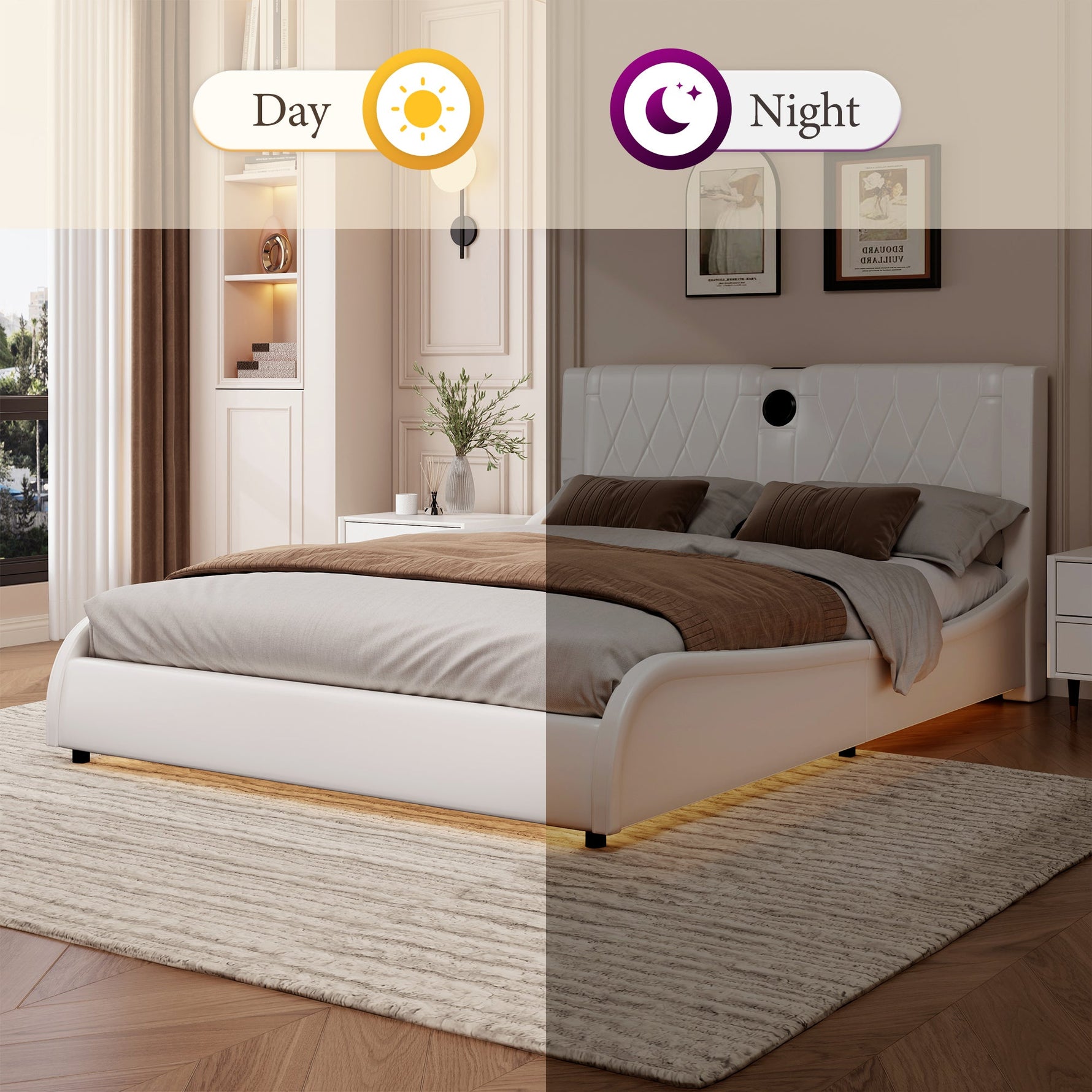 King Size Luxurious Faux Leather Upholstered Platform Bed with