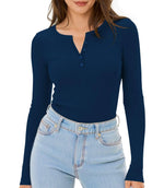 Womens Long Sleeve Henley Tops Slim Fitted Ribbed Casual Tee Top Stretchy Casual Shirts(BlueXL)