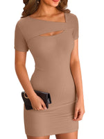 VICHYIE Dresses for Women Summer Short Sleeve Cutout Sexy Ribbed Slim Fitted Casual One Piece Bodycon Mini Pencil Dress Khaki M