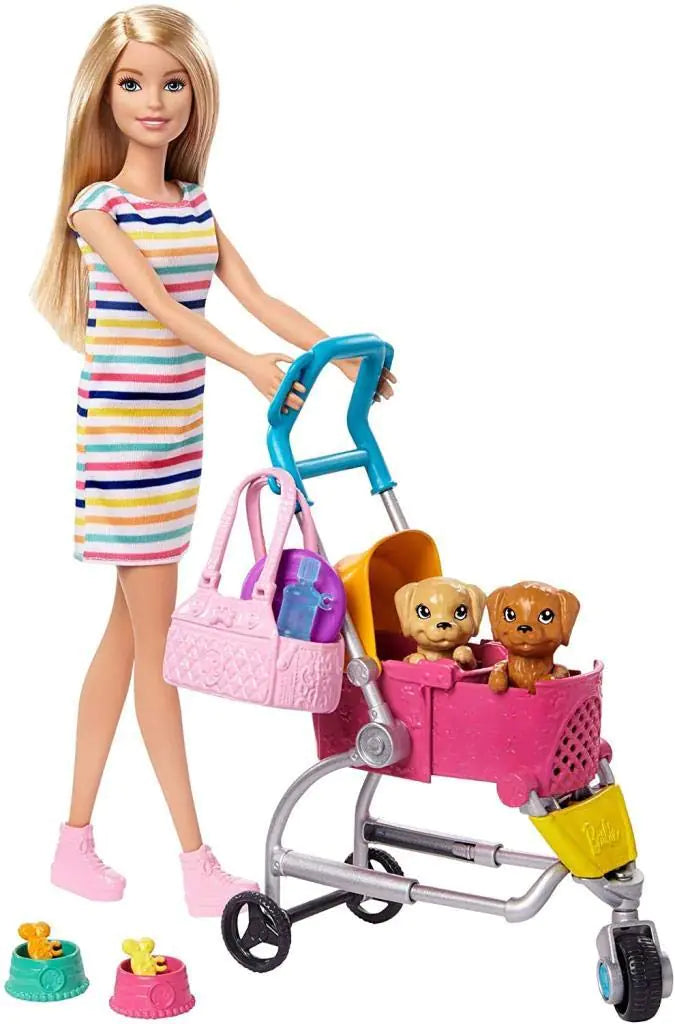 Barbie Dogwalking Doll & Accessories Stroll & Play Pups Playset with Transforming Stroller 2 Pets & Handbag Blonde Doll