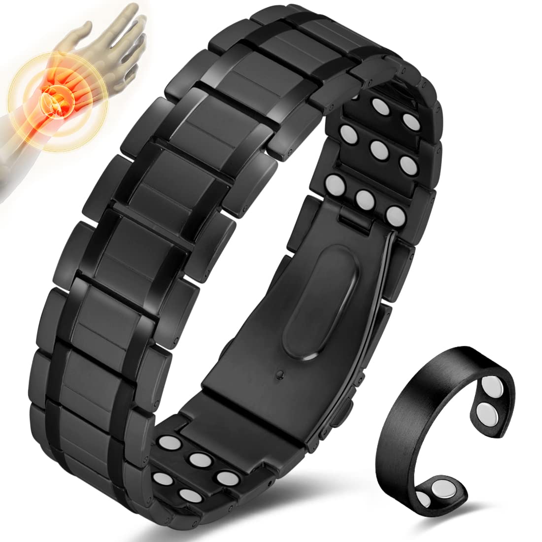 Cigmag 3X Magnetic Bracelets for Men Ultra Strength Magnetic Bracelet Upgrade Folding Clasp Titanium Bracelet & Copper Ring Adjustable Jewelry Gift Set with Sizing Tool for Anniversary (Black)