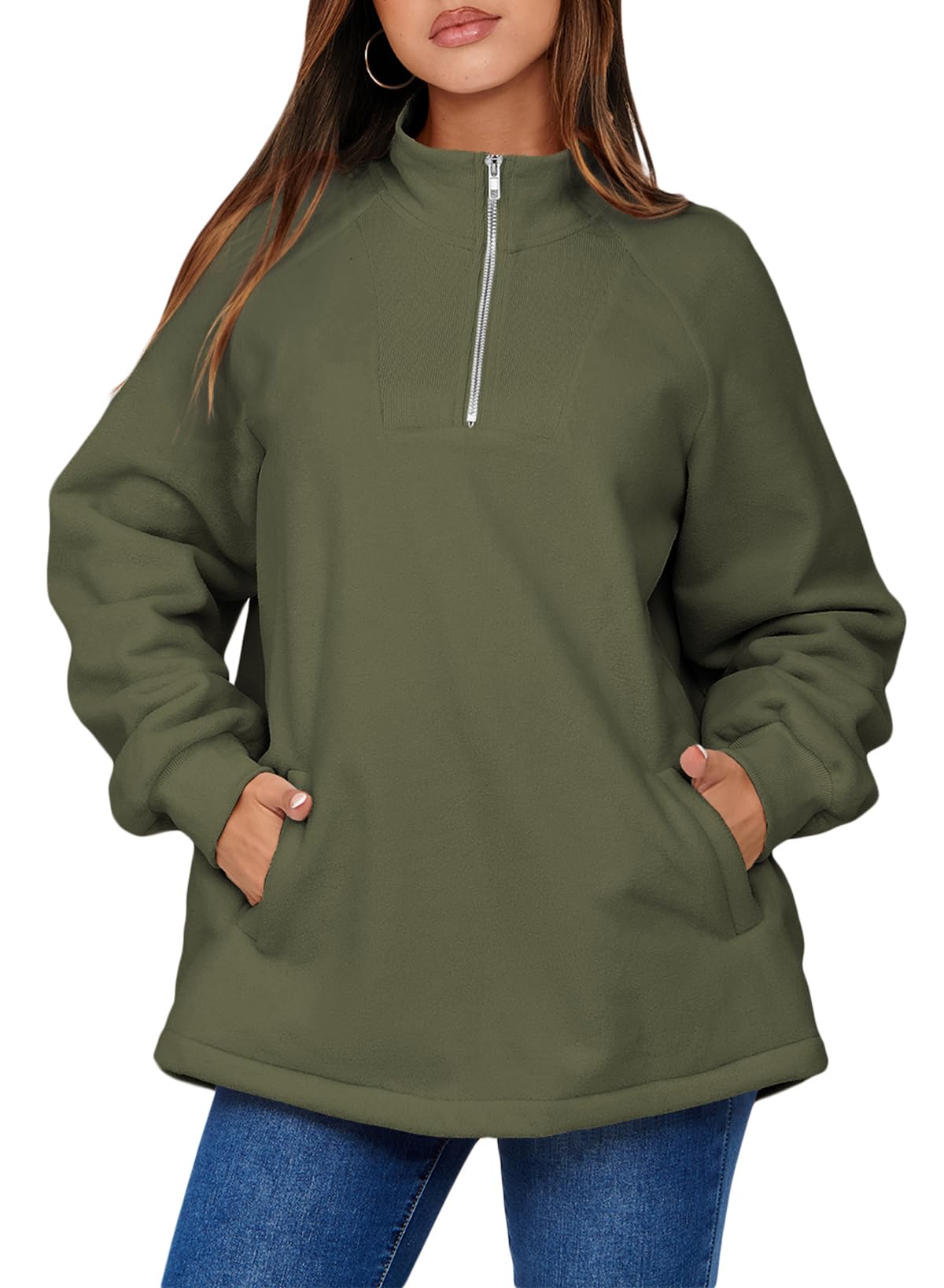 BLENCOT Womens Half Zip Oversized Sweatshirts 2024 Long Sleeve Quarter Zipper Fleece Y2K Pullover Tops Green S