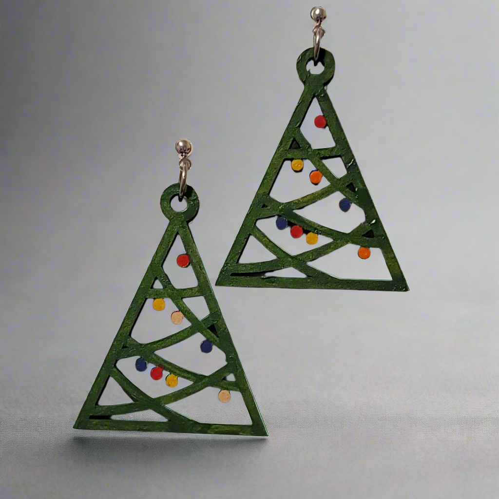 Hand-Painted Green Triangle Christmas Tree Earrings with Festive Dots