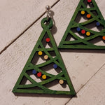 Hand-Painted Green Triangle Christmas Tree Earrings with Festive Dots