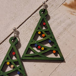 Hand-Painted Green Triangle Christmas Tree Earrings with Festive Dots