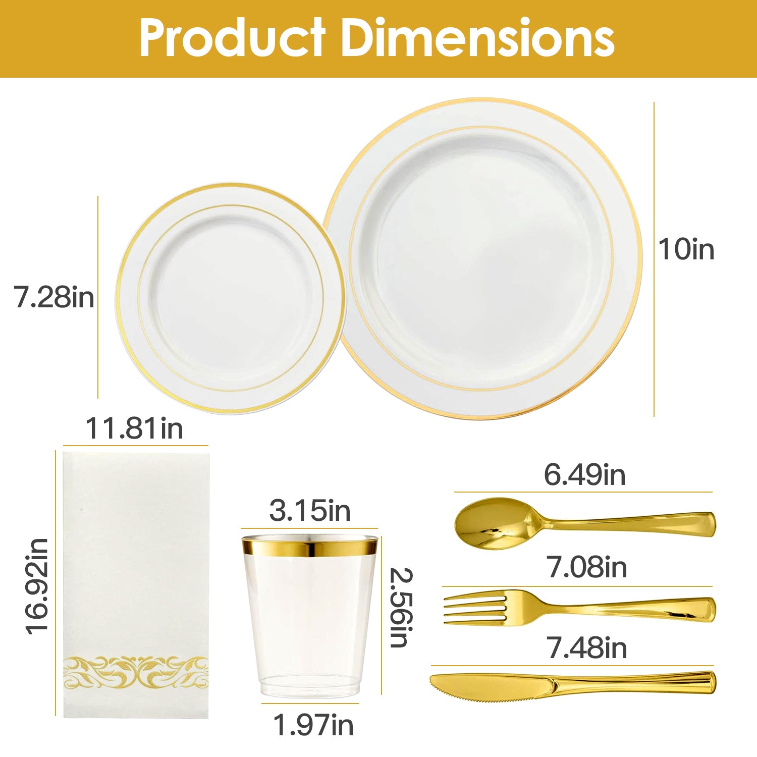 Set Of 175Pcs Disposable Gold Dinnerware Set Gold Rim Plastic Plates