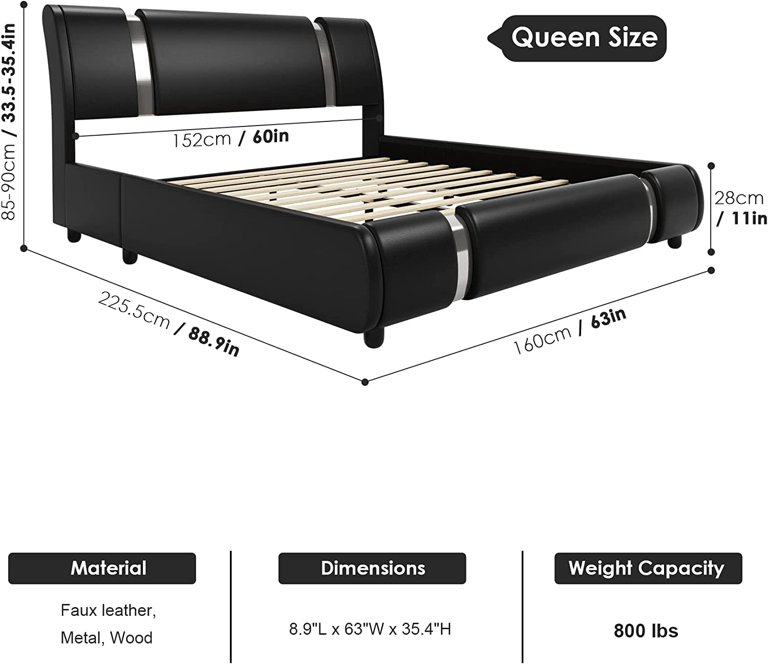 Queen Faux Leather Bed Frame With Adjustable Headboard