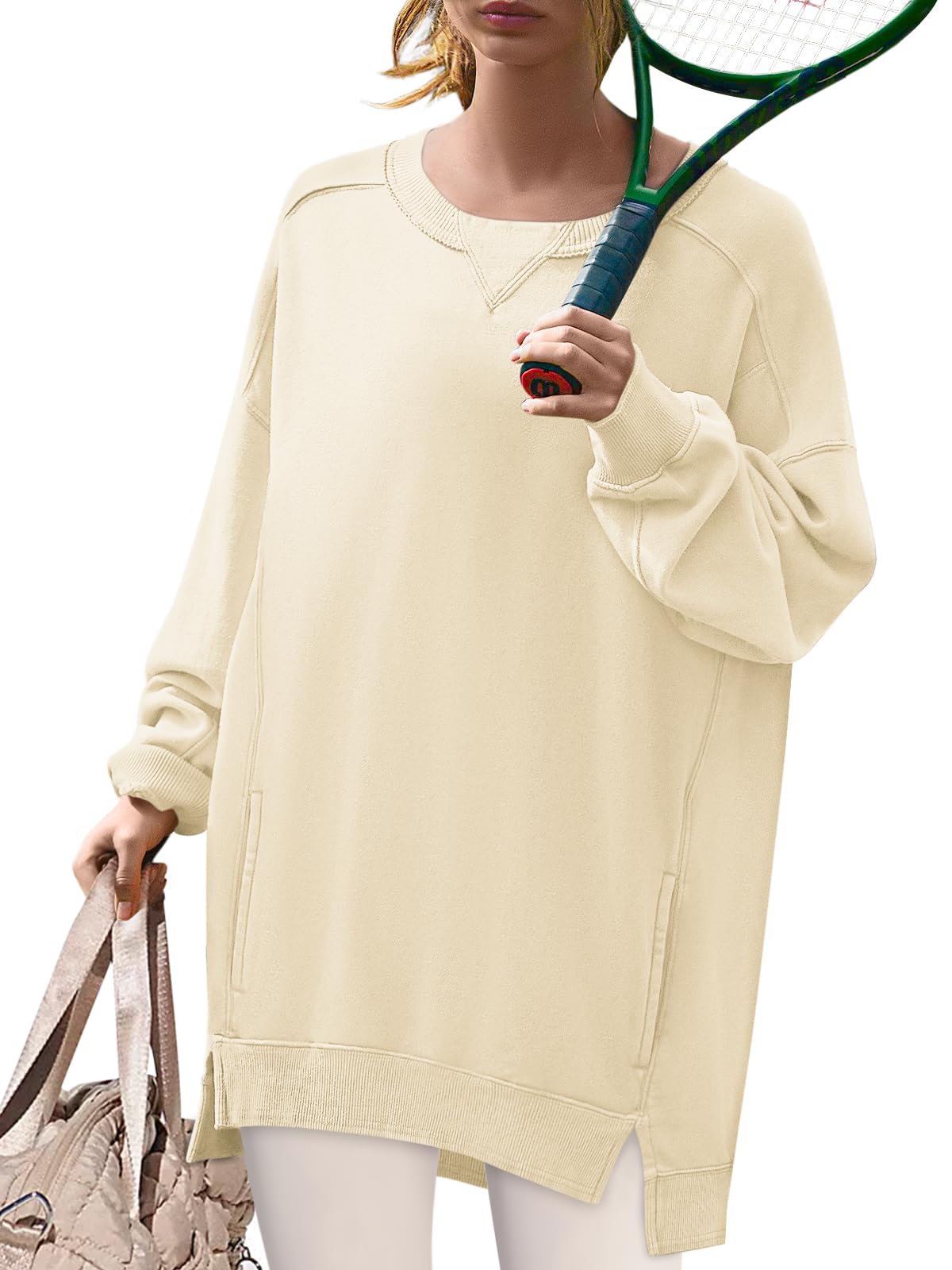 Yousify Long Sleeve Shirts for Women Trendy Fall Crewneck Slit Hem Oversized Pullover Sweatshirts with Pockets Beige