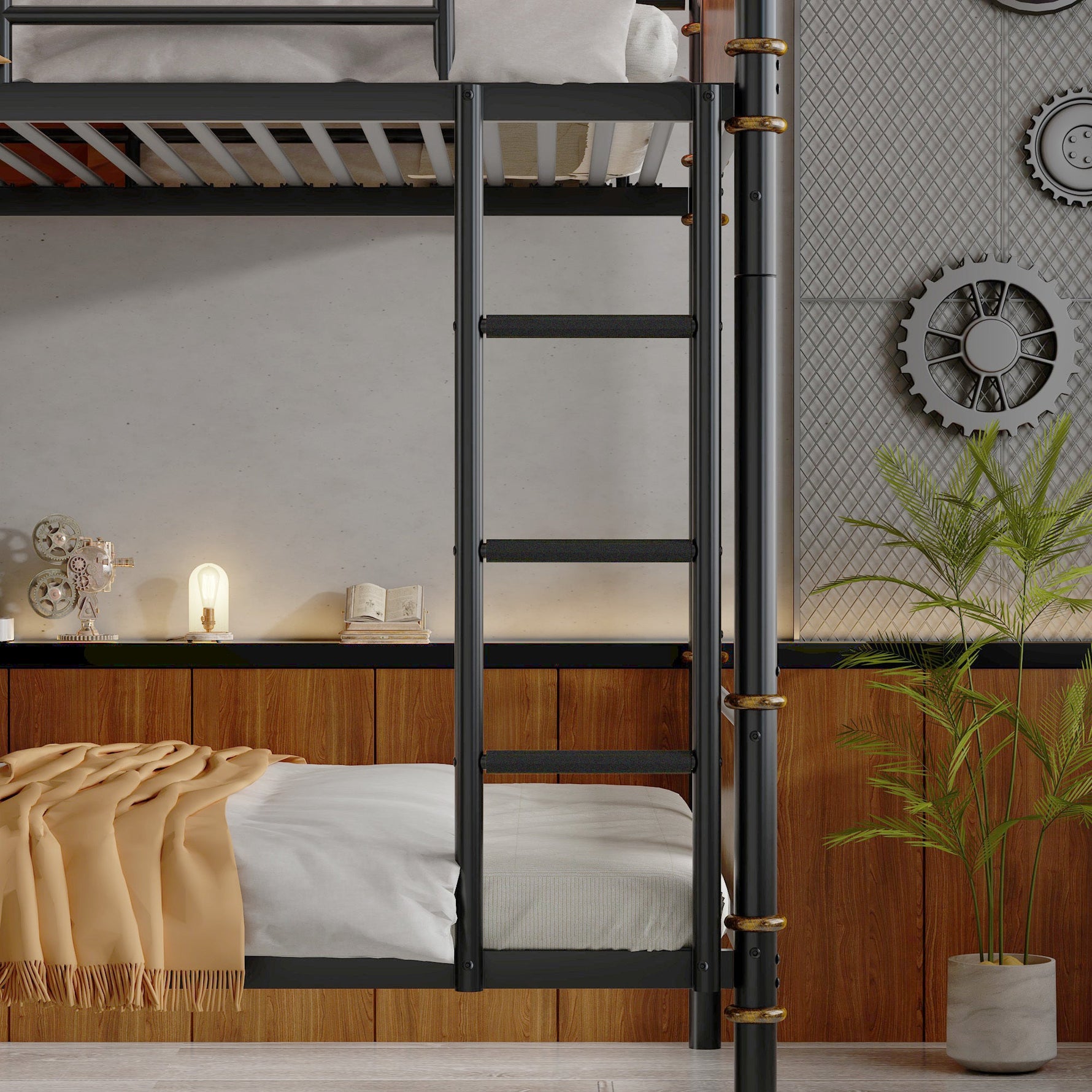 IronLoft™ – Twin XL Over Twin XL Metal Bunk Bed with Rustic Wood