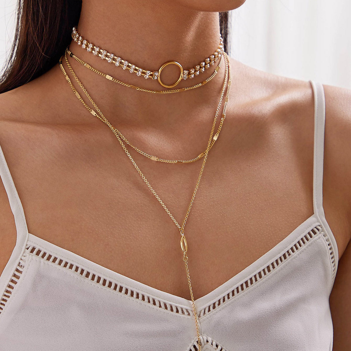 Ladies Jewellery Rhinestone Multi-layer Gold Chain Y Shape Pendant