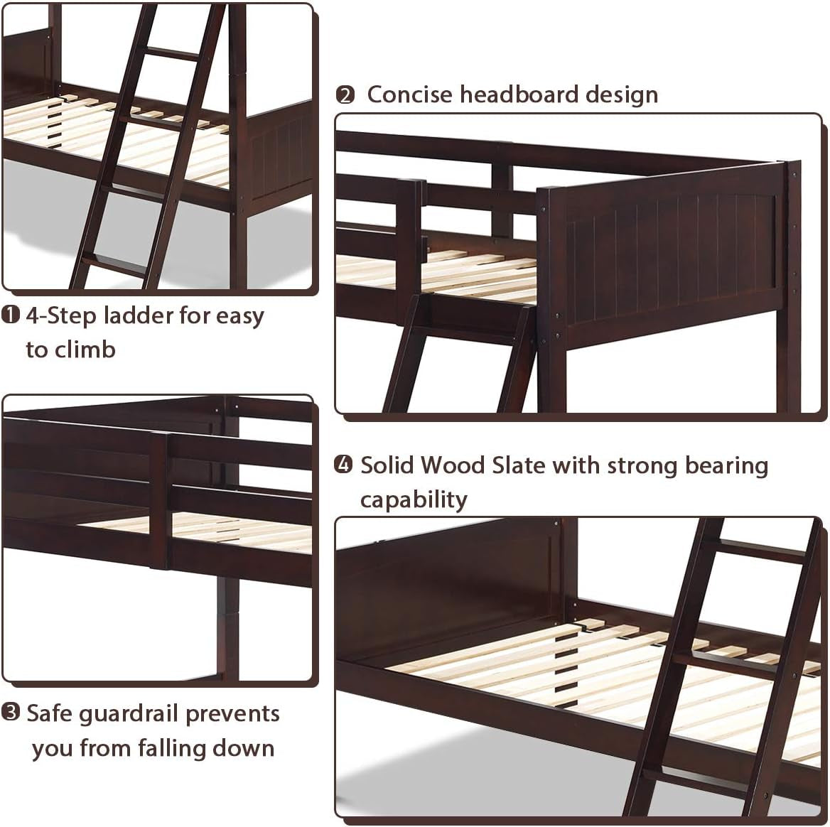 Twin Over Twin Bunk Bed Espresso With Safety Rails