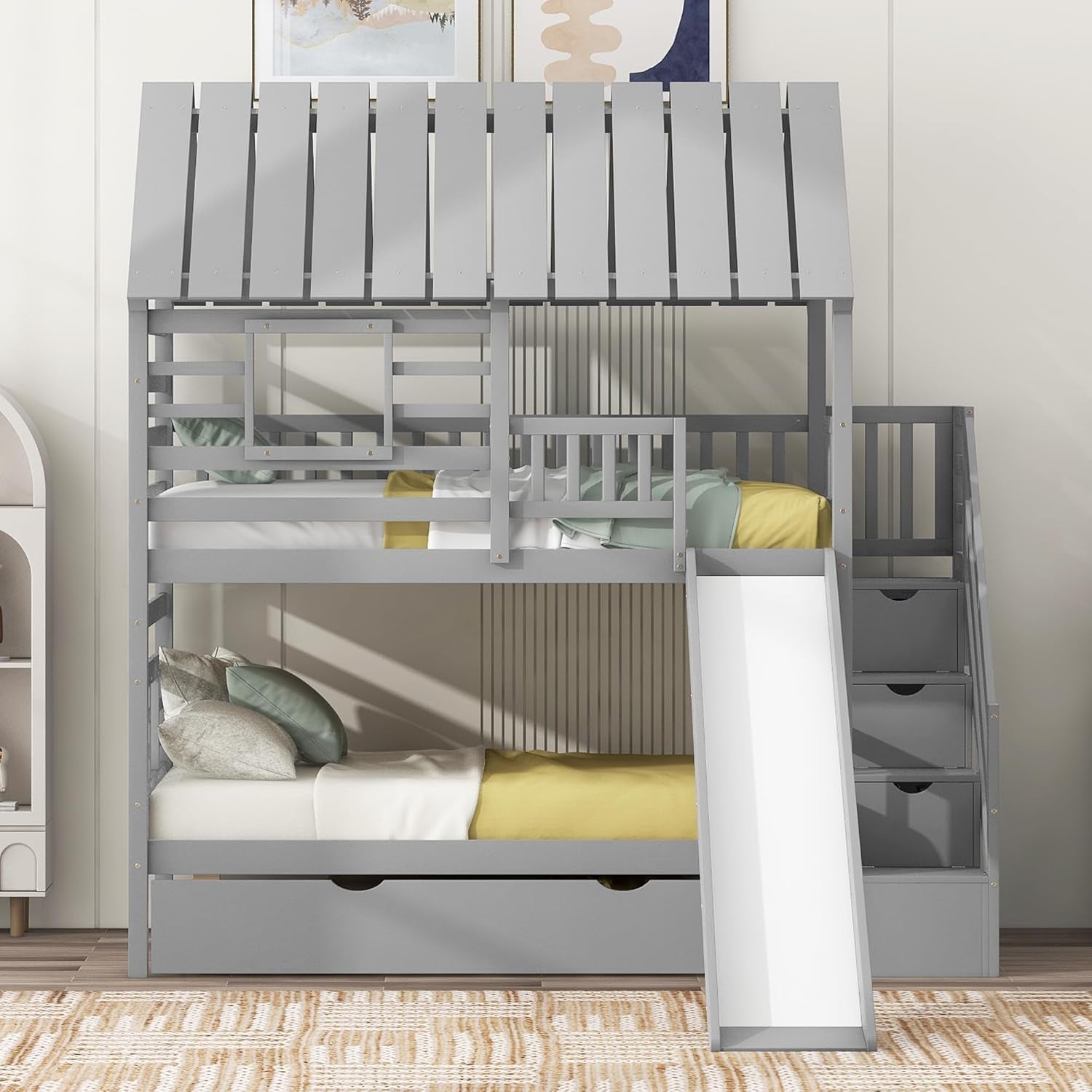Twin Over Twin Bunk Bed With Slide For Kids Room Decor