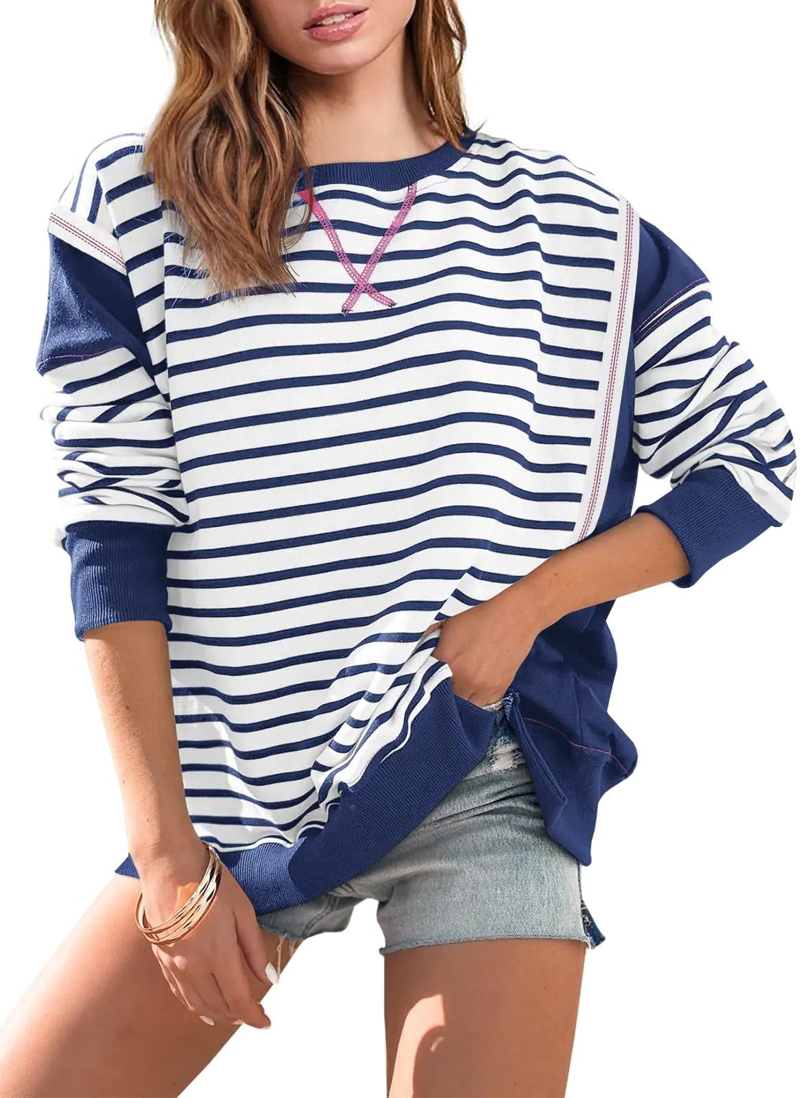 Yousify Long Sweatshirts for Women Crewneck Fall Clothes 2024 Outfit Casual Tops Navy Blue S