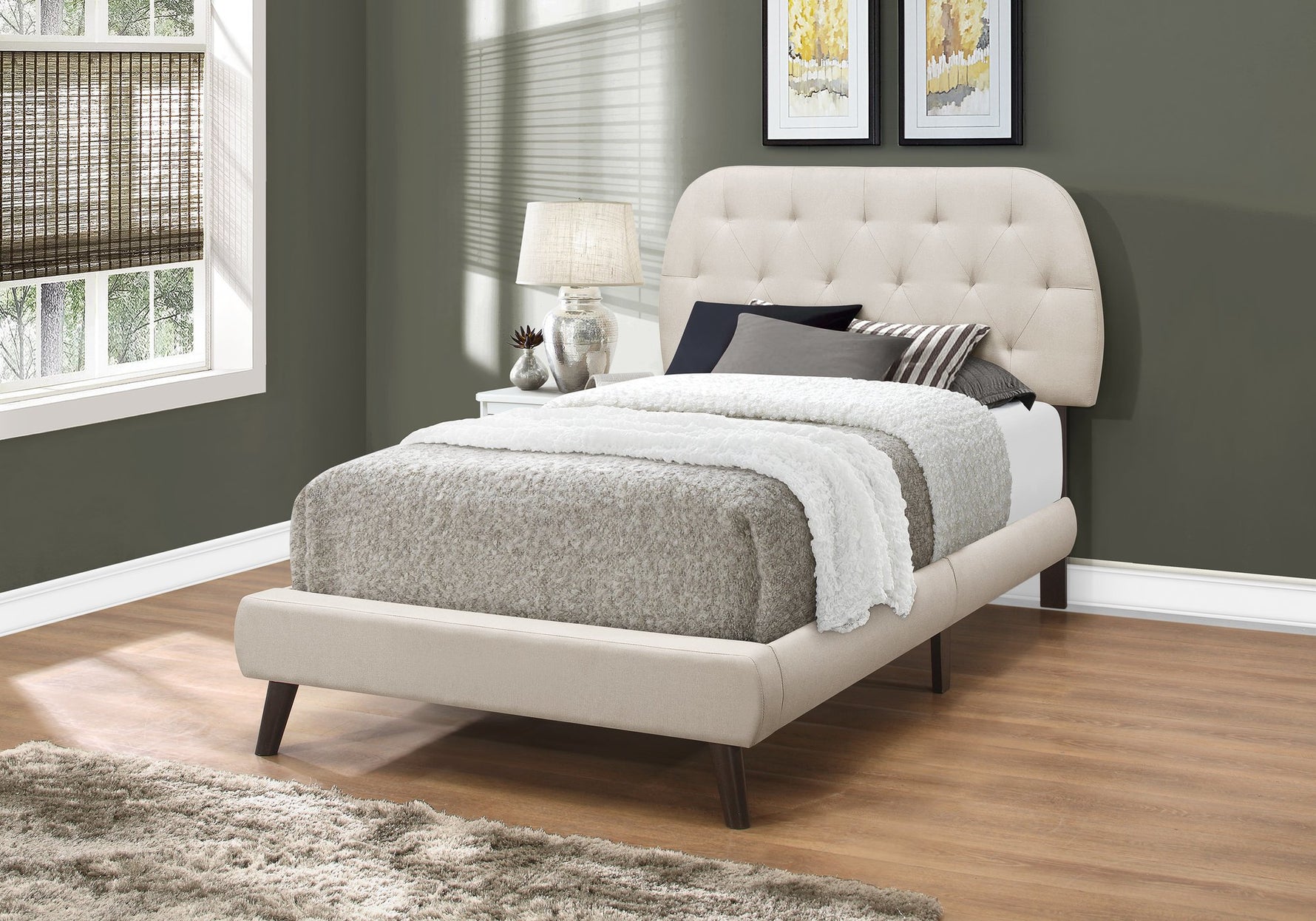 45.25" Solid Wood MDF Foam and Linen Twin Sized Bed with Chrome Legs