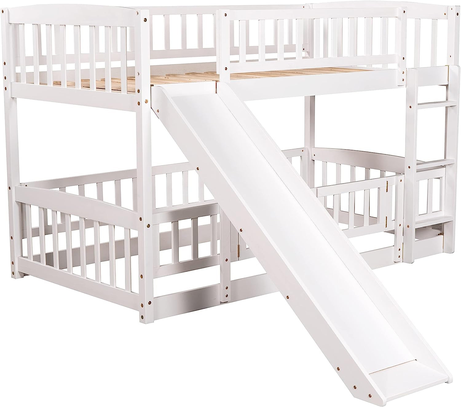 Twin Low Bunk Bed With Openable Fence And Slide White
