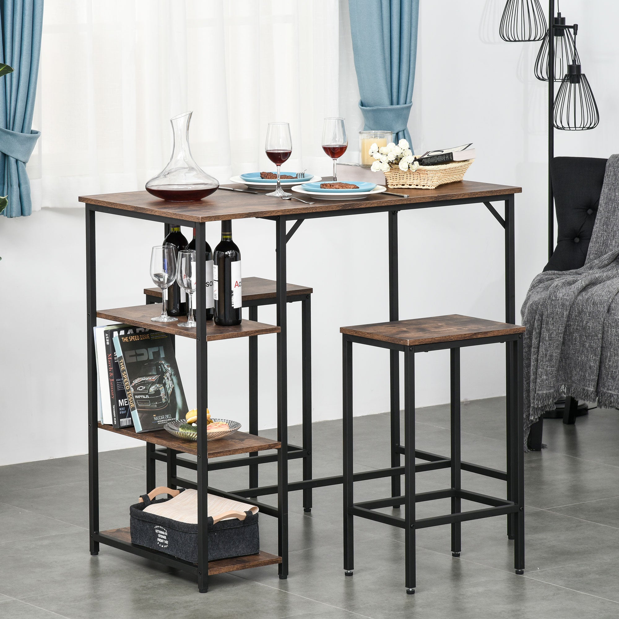 HOMCOM 3 Pieces Industrial Bar Height Dining Table Set with Storage