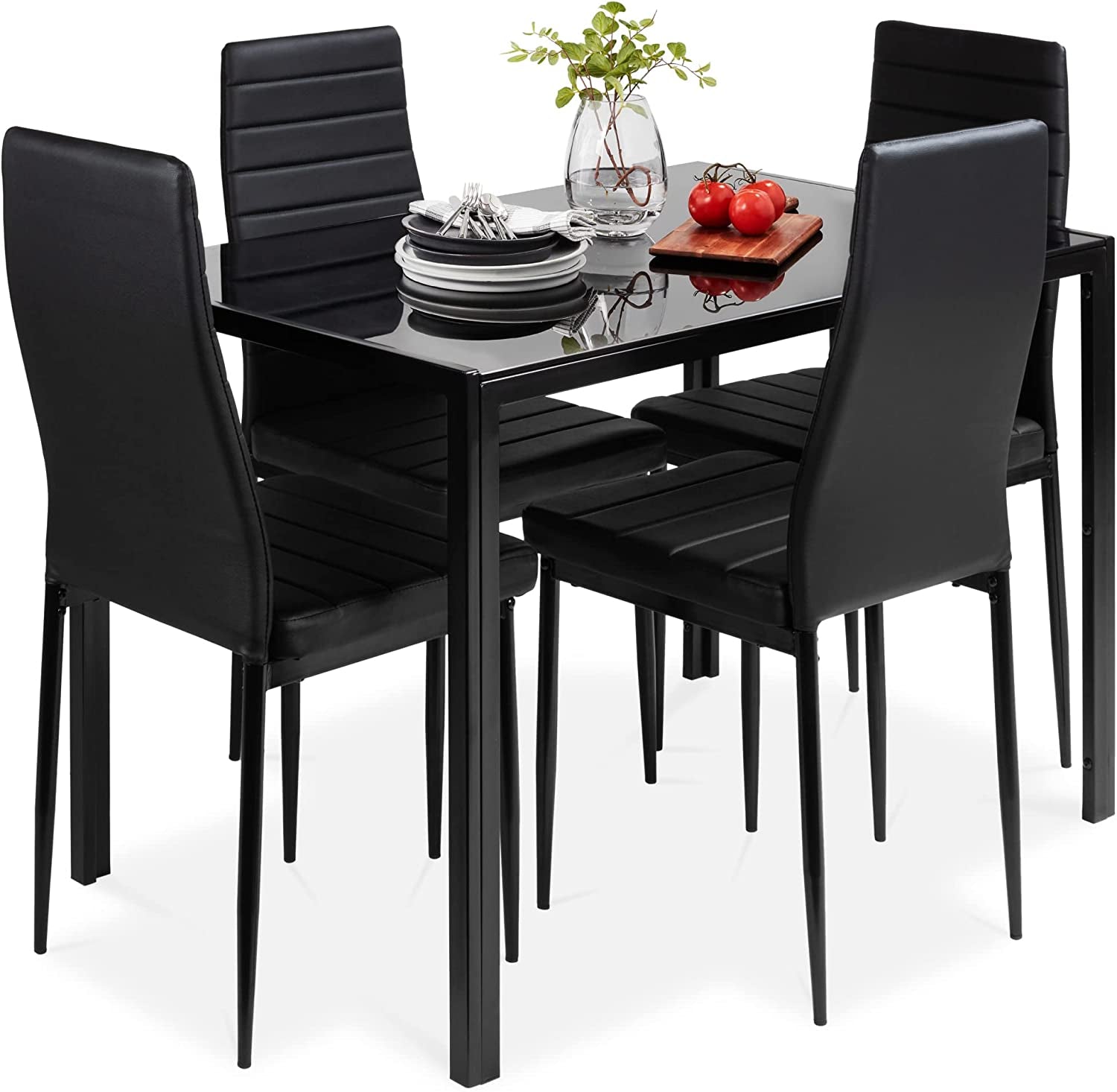 Glass Top Dining Table Set With Steel Frame Leather Chairs