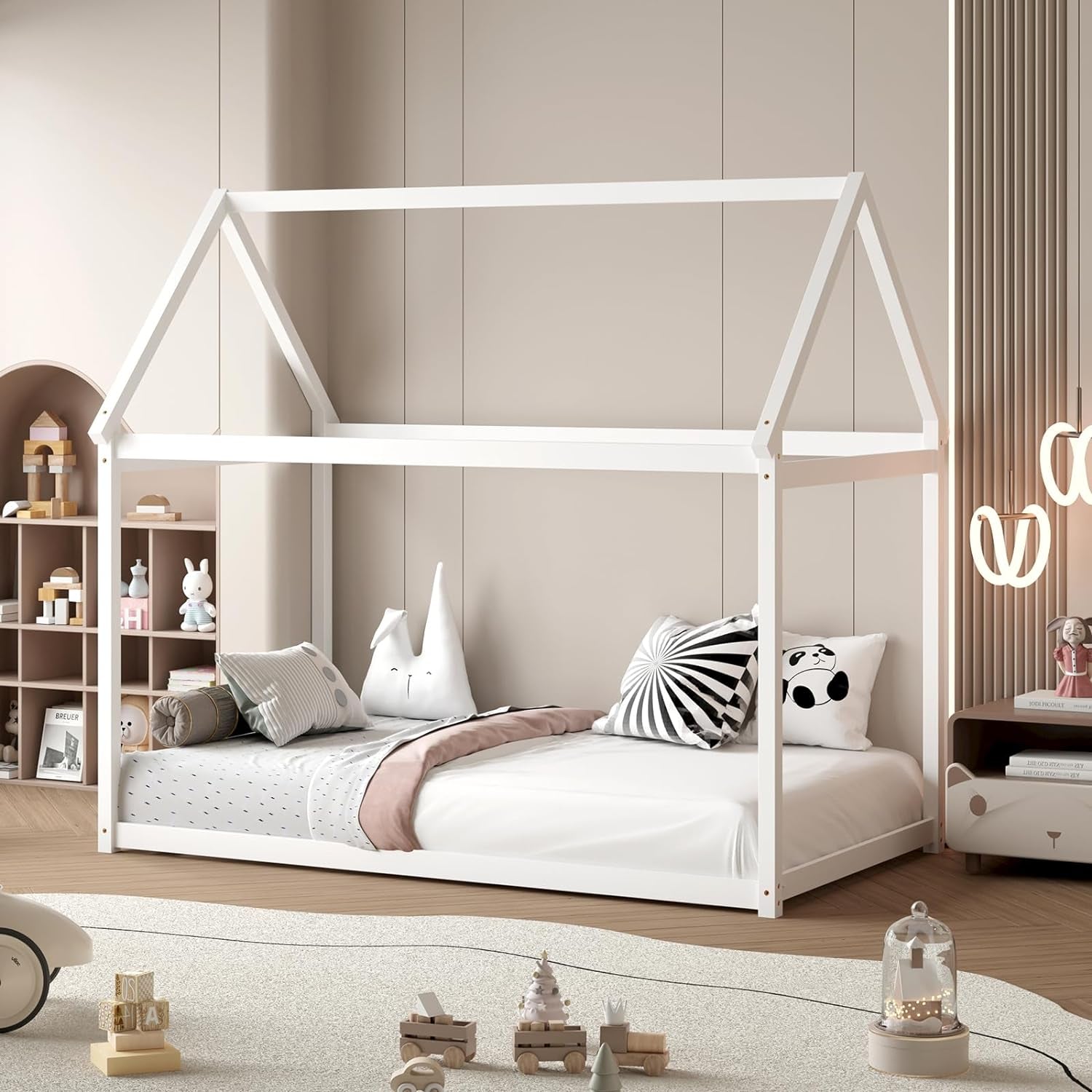 Twin House Bed Frame With Roof Canopy Montessori For Kids