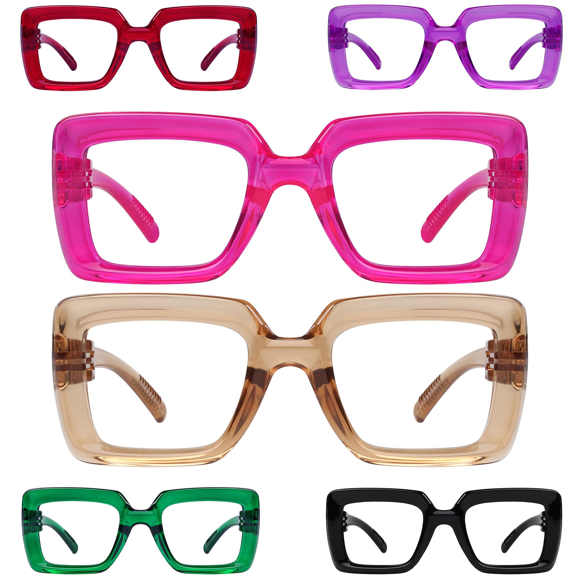 Gr8Sight 6 Pack Large Thick Frame Reading Glasses for Women Metalless Screwless Spring Hinges Ladies Square Readers