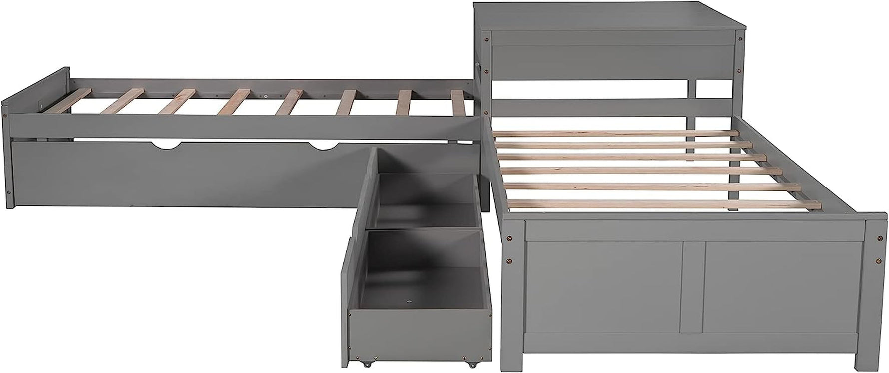 L Shaped Twin Platform Bed With Trundle Gray Finish