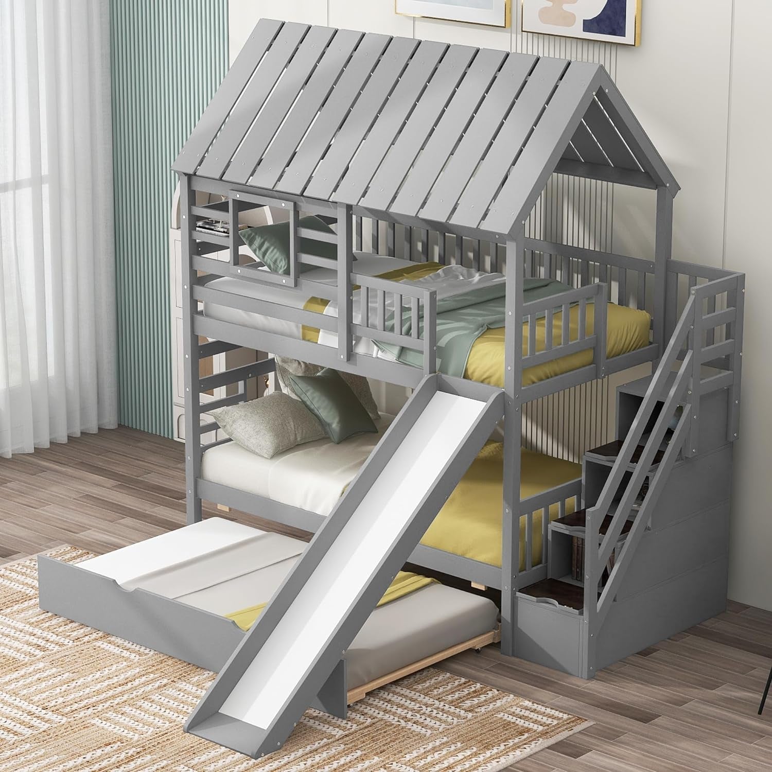 Twin Over Twin Bunk Bed With Slide For Kids Room Decor