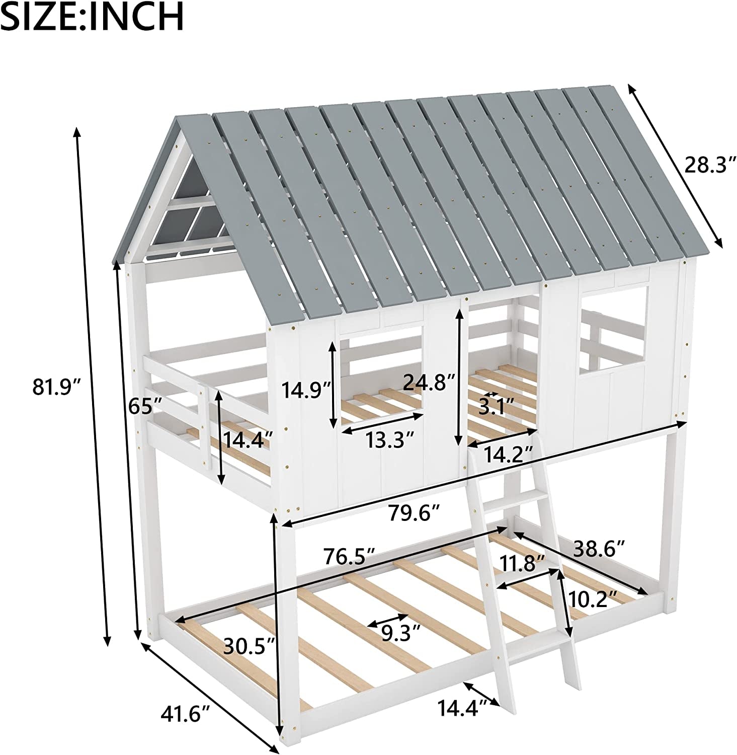 Twin House Bunk Bed With Playhouse White And Gray Finish