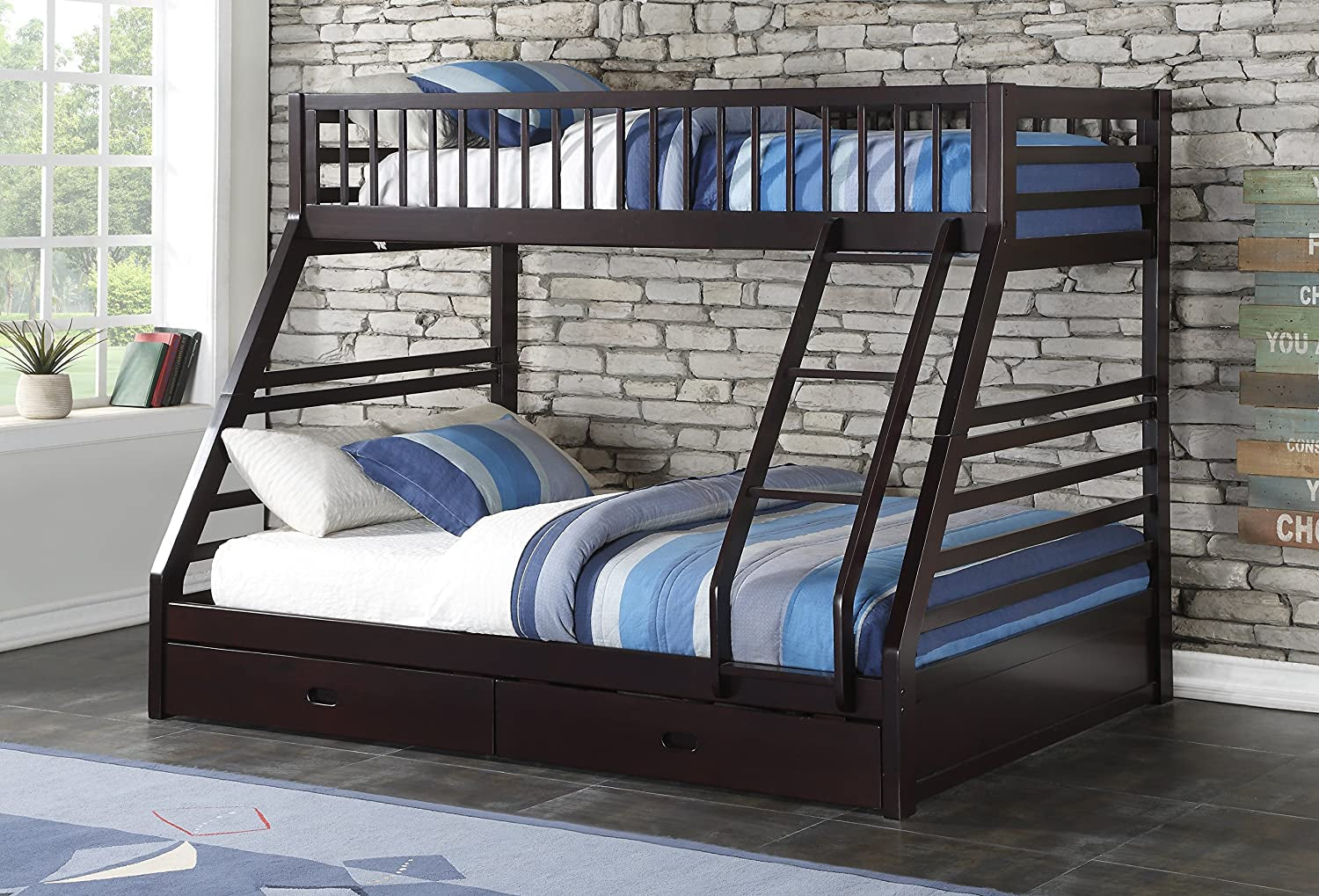 XL Twin Over Queen Bunk Bed With Drawers Espresso Finish