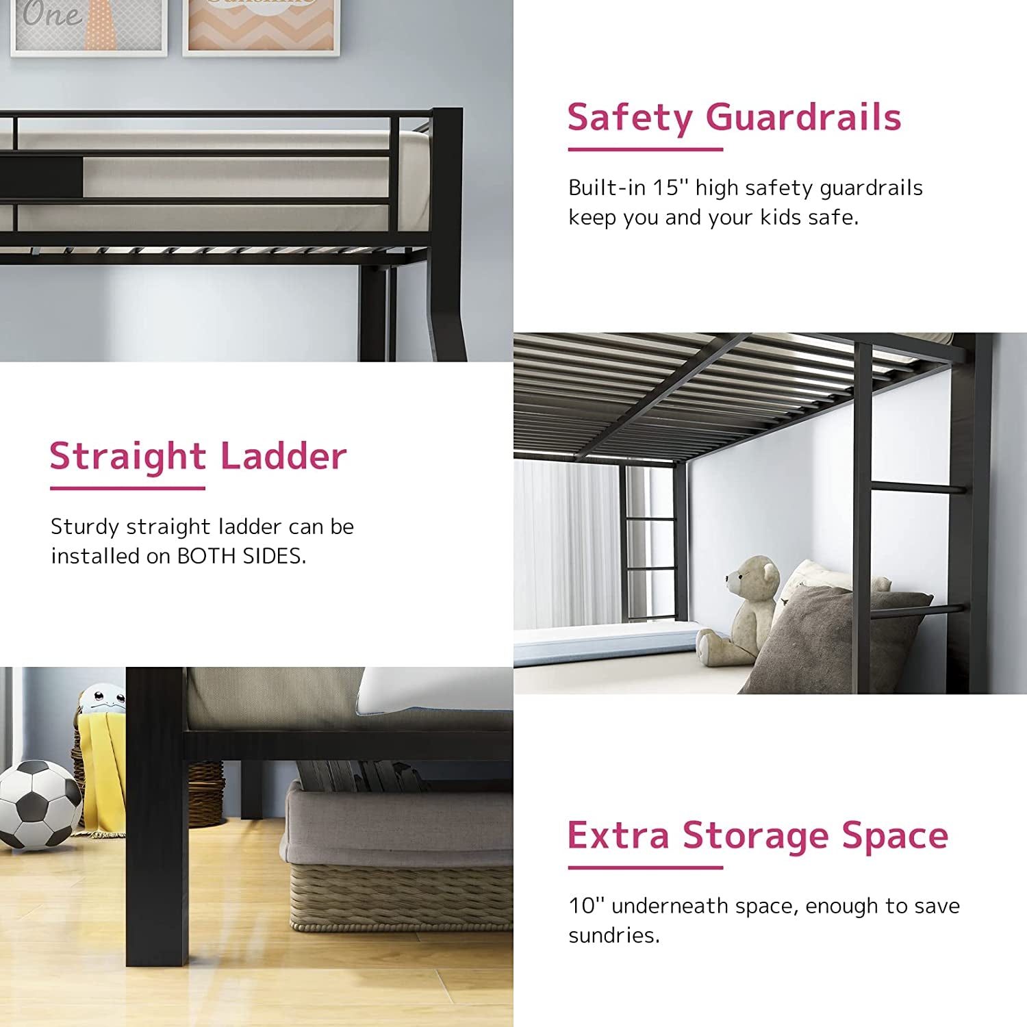 Twin XL Queen Bunk Bed In Sandy Black Finish Metal Slats