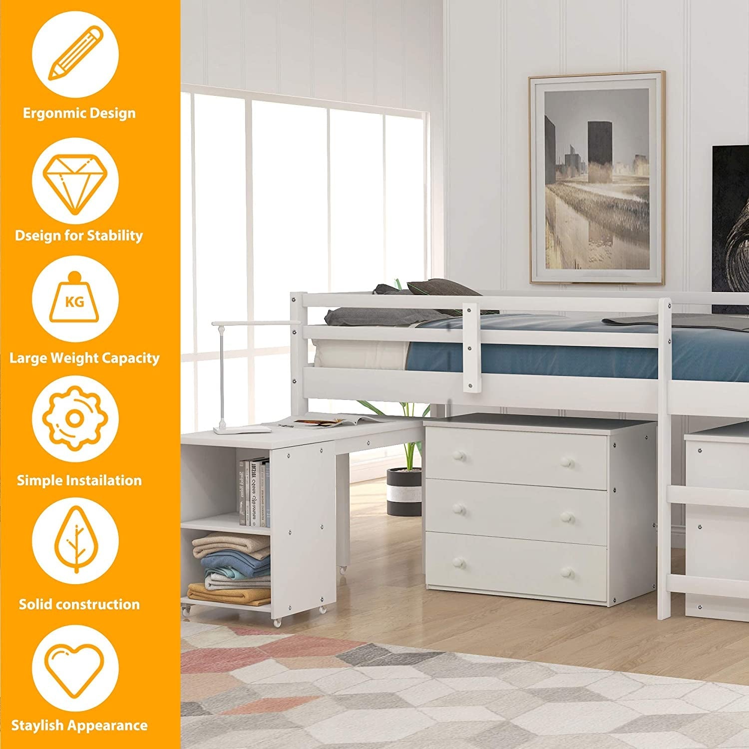 Twin Loft Bed With Rolling Desk And Storage For Small Rooms