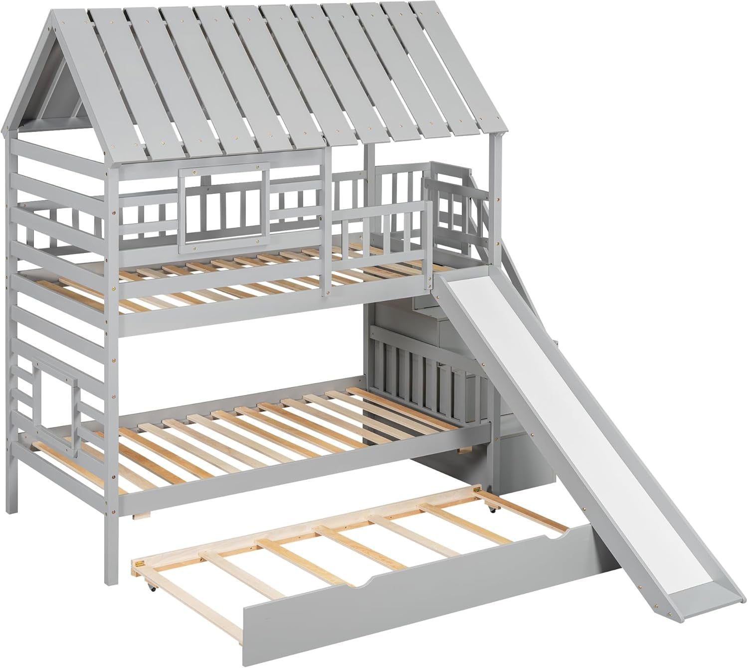 Twin Over Twin Bunk Bed With Slide For Kids Room Decor