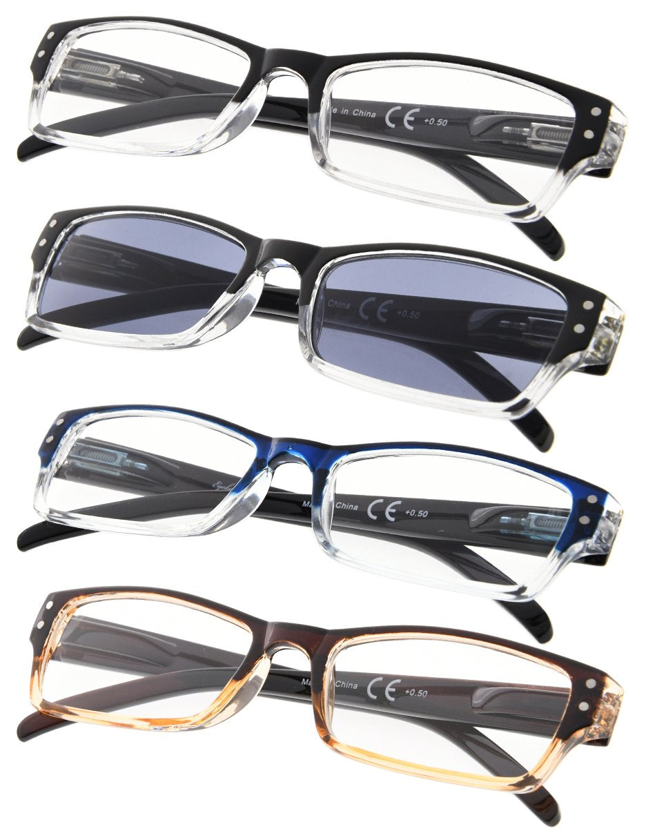 Gr8Sight 4-pack Rectangular Reading Glasses with Spring Hinges Includes Sunshine Readers
