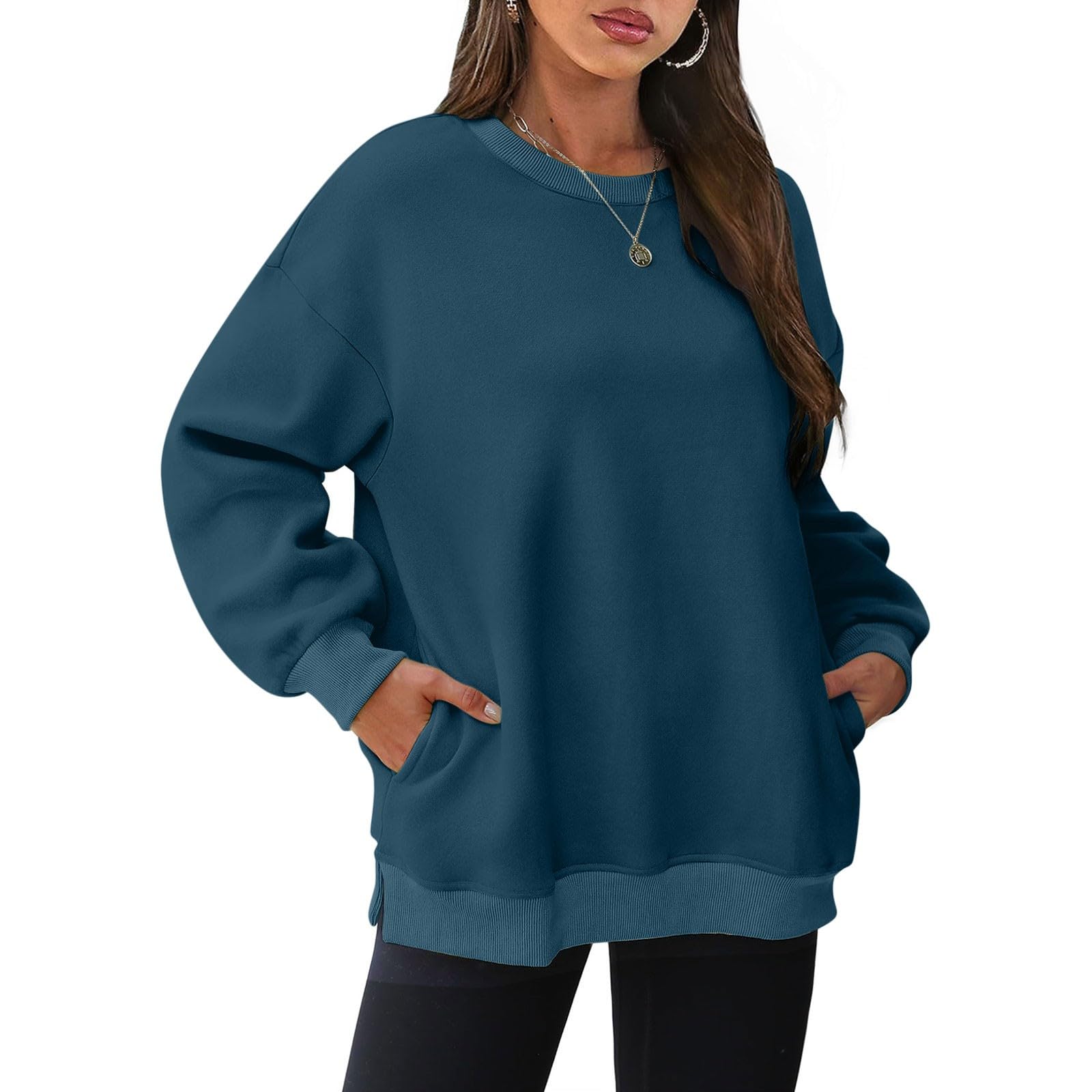 Ayolanni friday black deals 2024 Crewneck Sweatshirts Womens Fall Fashion 2024 Long Sleeve Tops Pullover Casual Cute Loose Winter Clothes with Pocket cute fall outfits for women Navy L