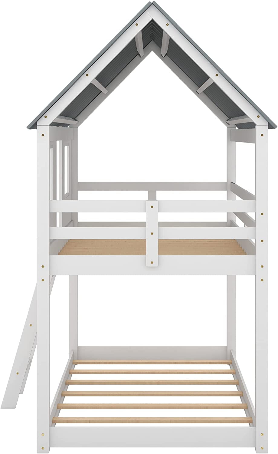 Twin House Bunk Bed With Playhouse White And Gray Finish
