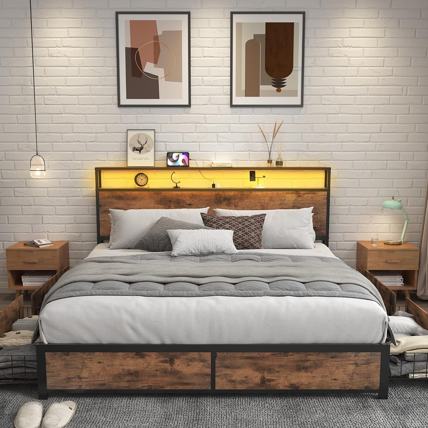 Queen Metal Platform Bed With Storage Headboard And Drawers