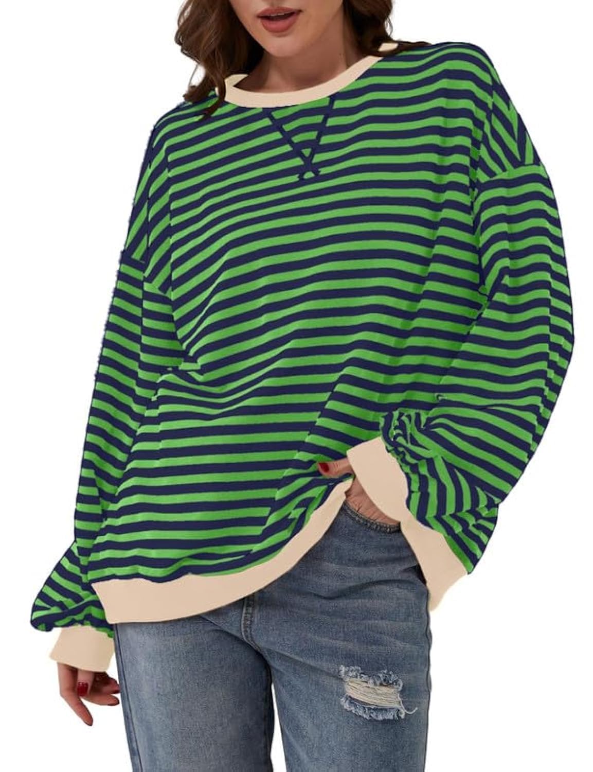 WROLEM Women Striped Oversized Sweatshirts Long Sleeve Crewneck Pullover Tops Color Block Tunics Trendy Preppy Clothes Green-Blue