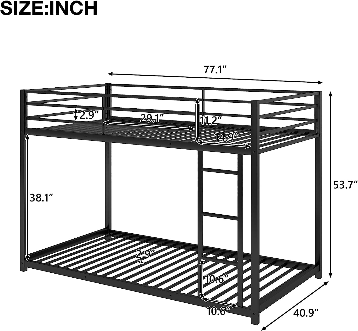 Black Twin Metal Bunk Bed With Guard Rails And Ladder