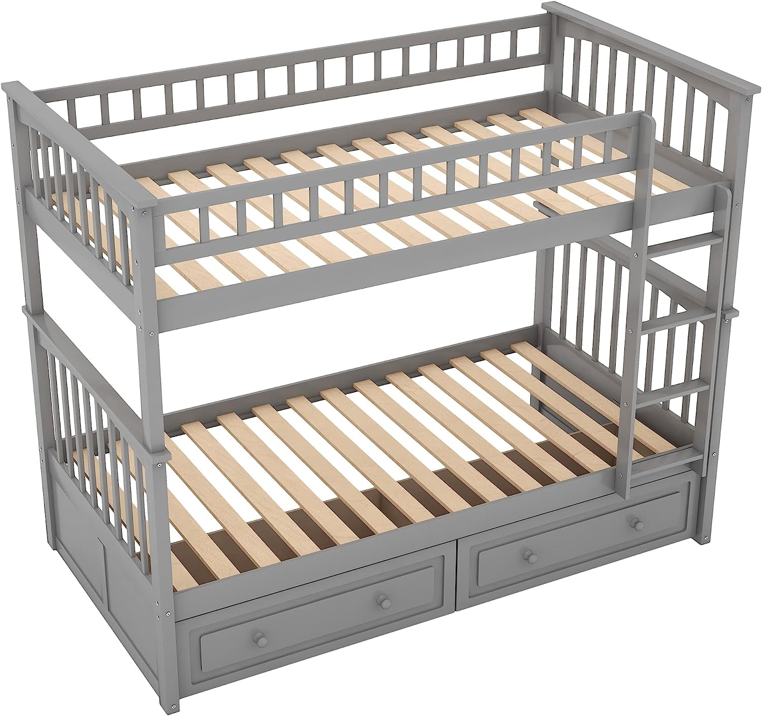 Grey Twin Bunk Bed With Storage Drawers Safety Rail