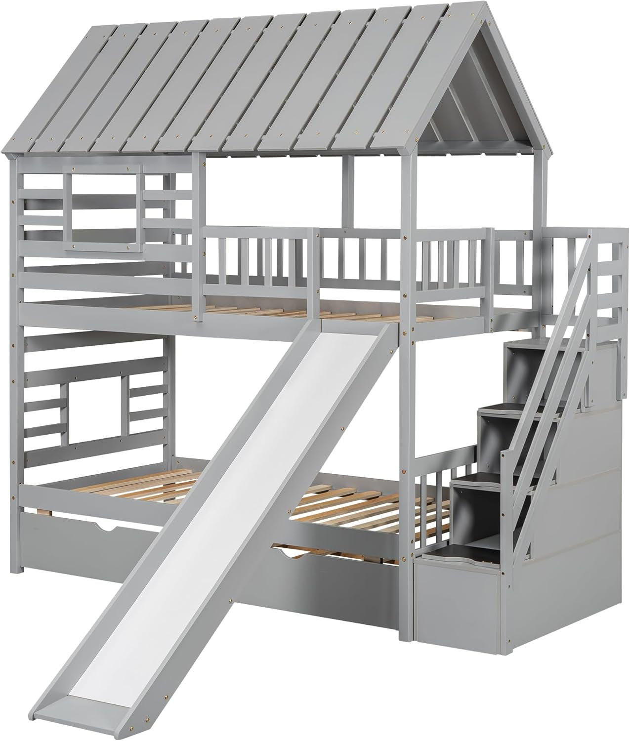 Twin Over Twin Bunk Bed With Slide For Kids Room Decor