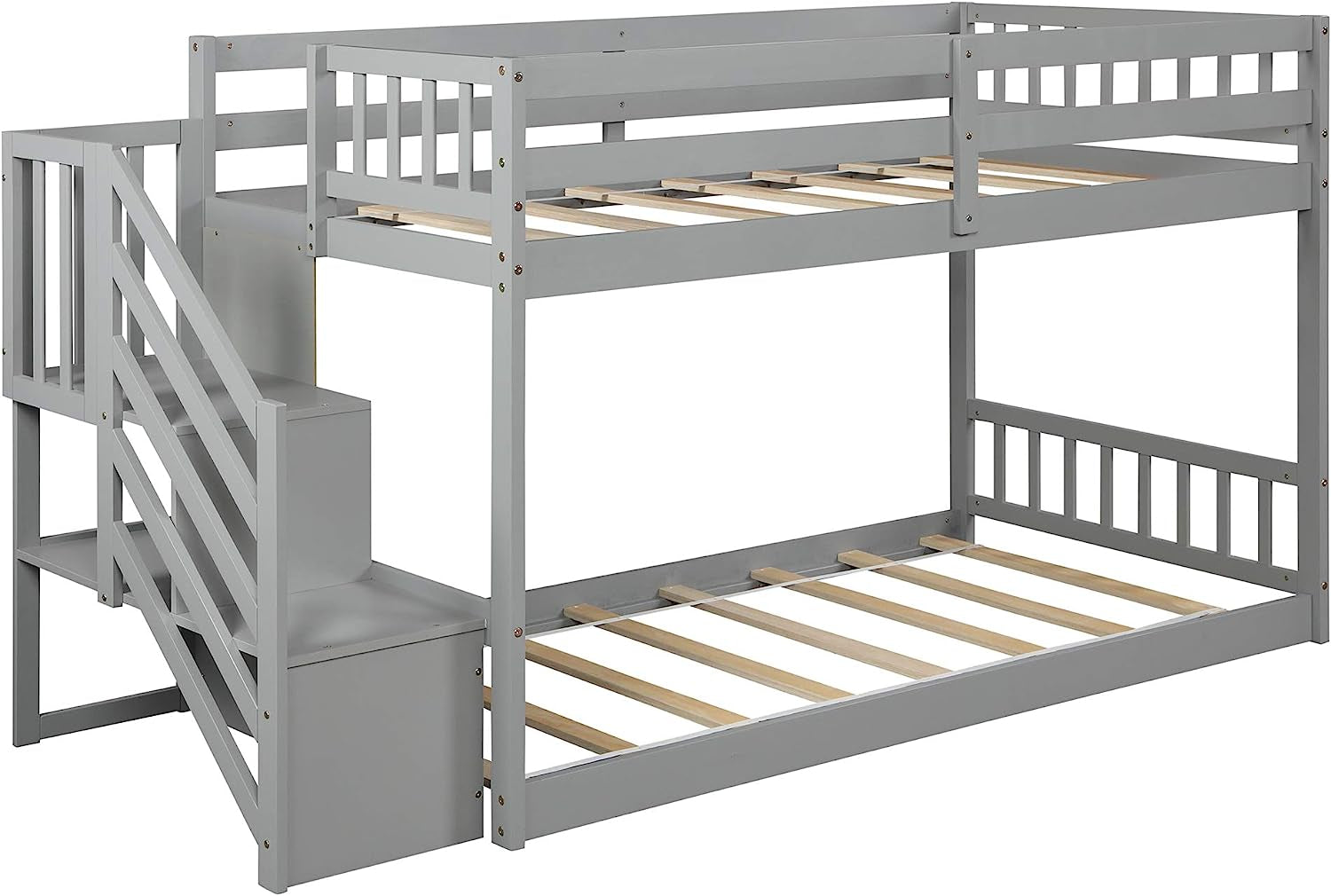 Twin Over Twin Low Bunk Bed With Storage Stairs Grey Wood