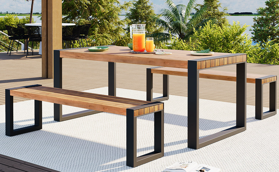 3-pieces Outdoor Dining Table With 2 Benches, Patio Dining Set With