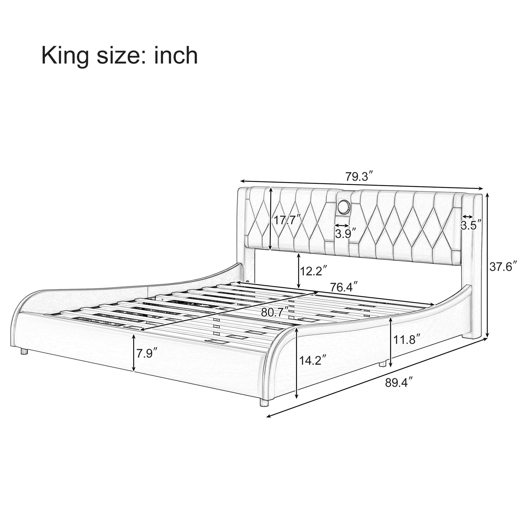 King Size Luxurious Faux Leather Upholstered Platform Bed with