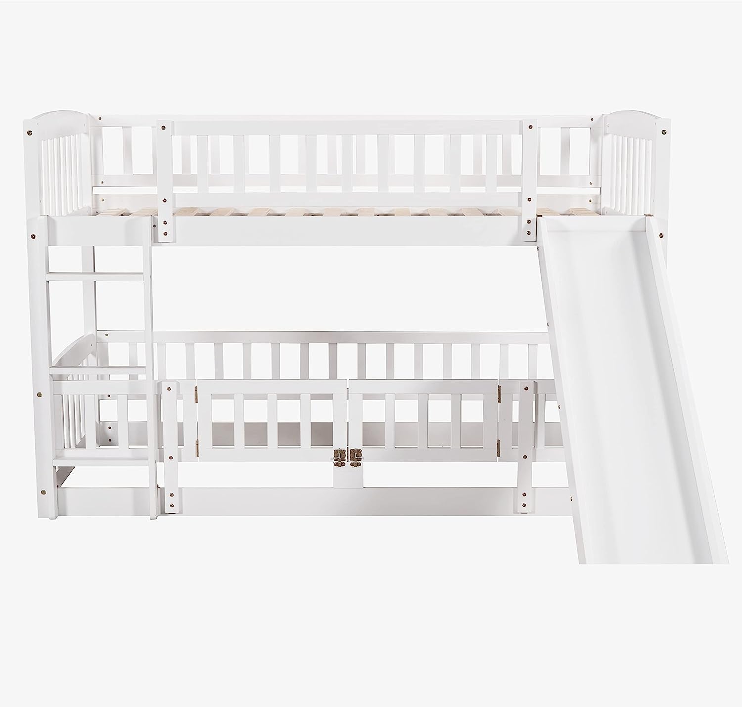 Twin Low Bunk Bed With Openable Fence And Slide White