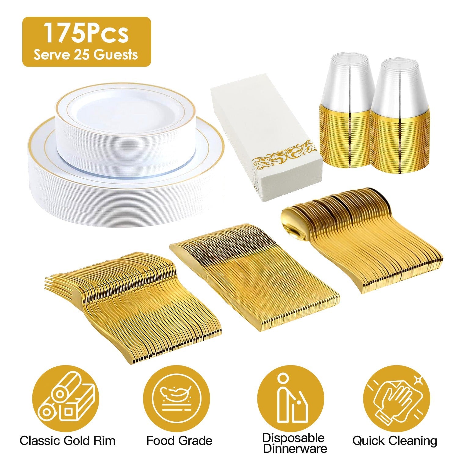 Set Of 175Pcs Disposable Gold Dinnerware Set Gold Rim Plastic Plates