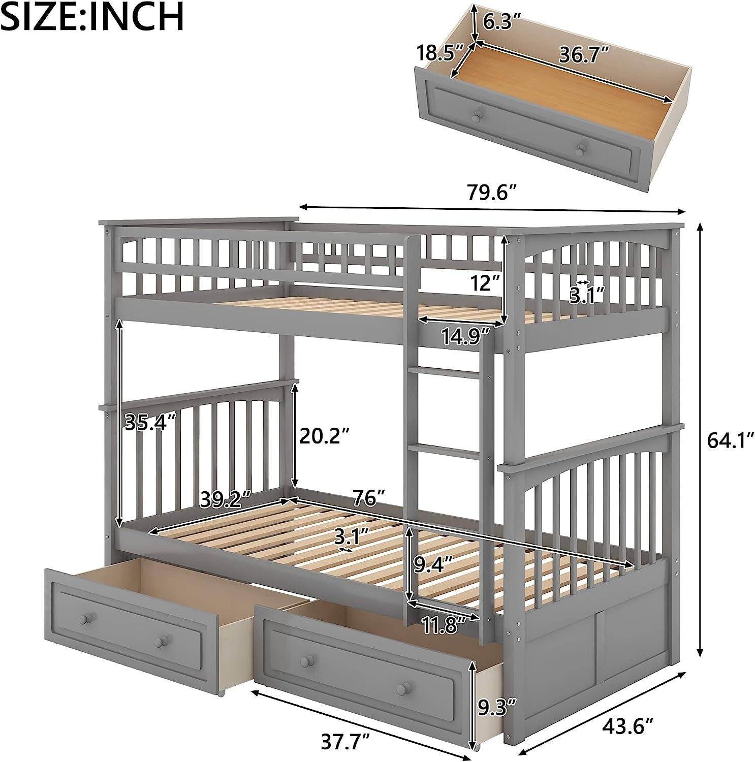 Grey Twin Bunk Bed With Storage Drawers Safety Rail