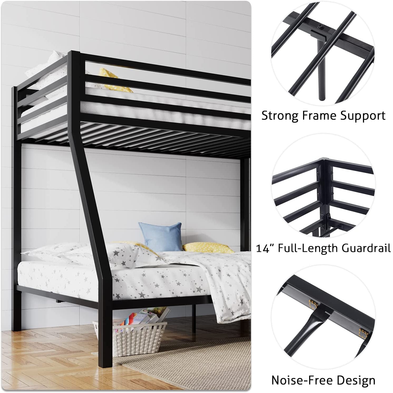 Twin Over Twin Bunk Bed With Slide Durable Square Tube