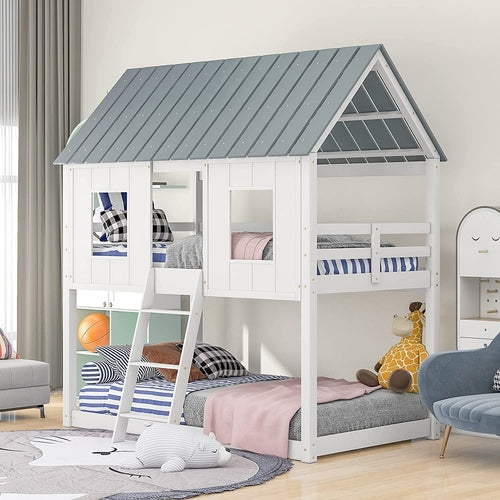 Twin House Bunk Bed With Playhouse White And Gray Finish